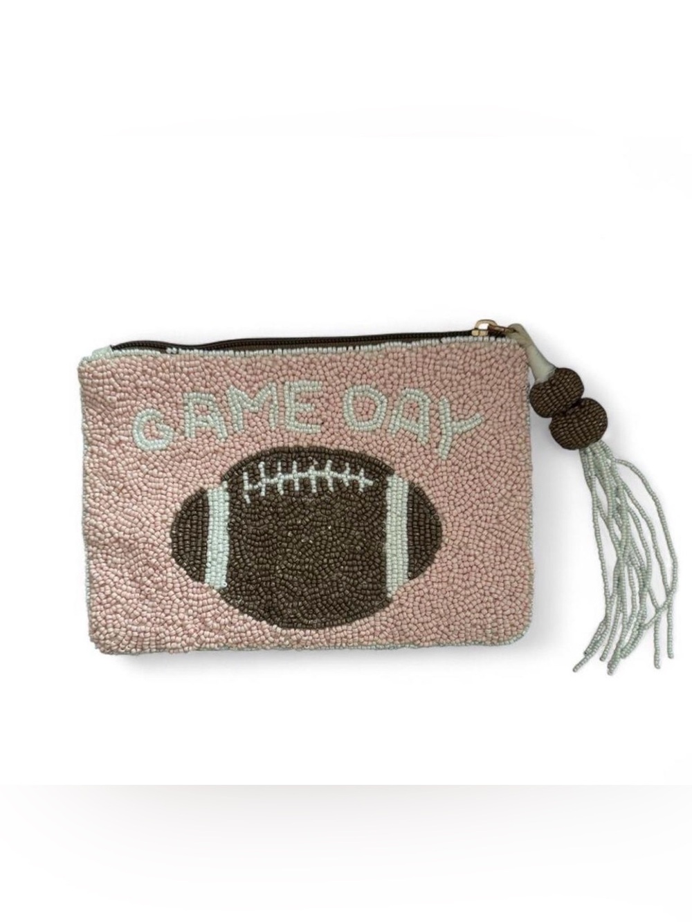 Wandering Moon pink beaded zip pouch with brown football design 'GAME DAY'